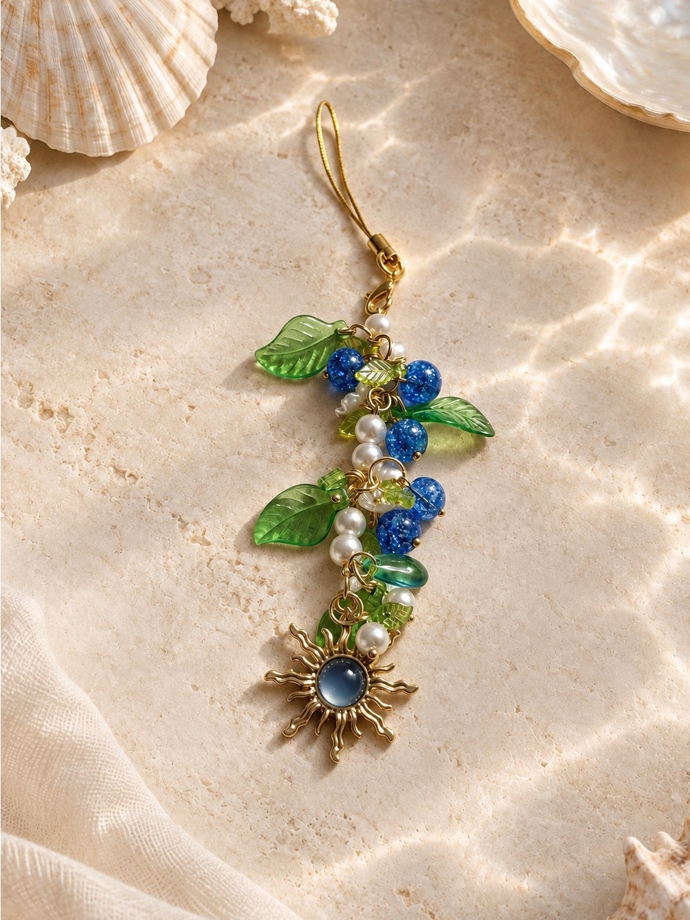 Whimsical Blue & Green Phone Charm/Keychain with sun pendant